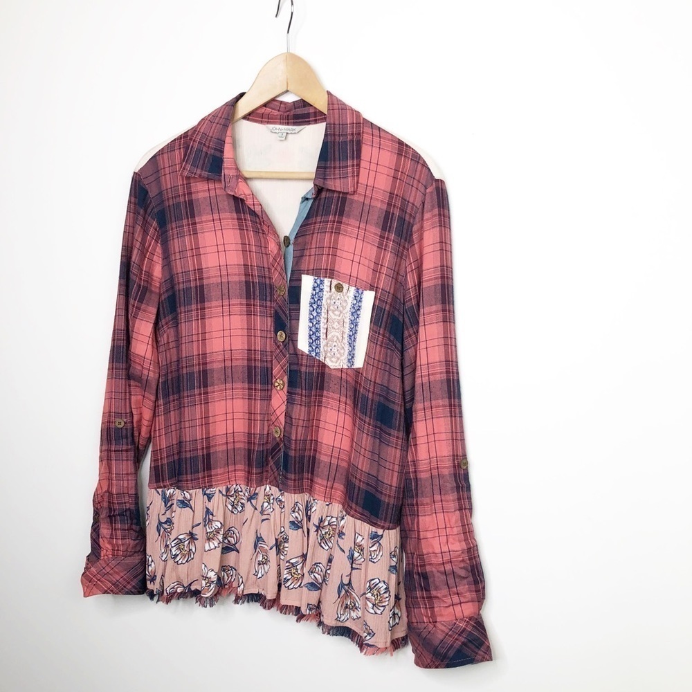 JOHN • Mark mixed media plaid embroidered button-down shirt - Picture 9 of 11